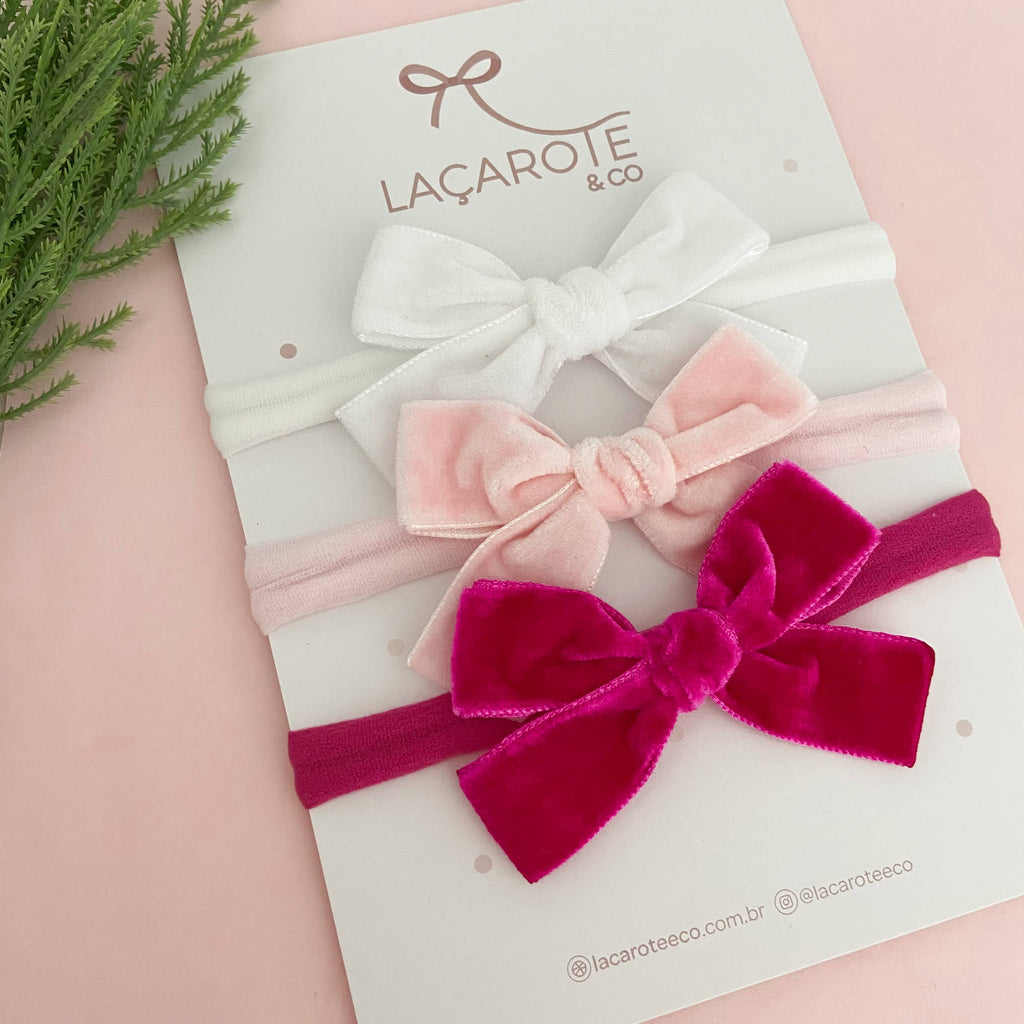 Kit de Laços Nina Veludo M na Faixinha- 3 Unidades